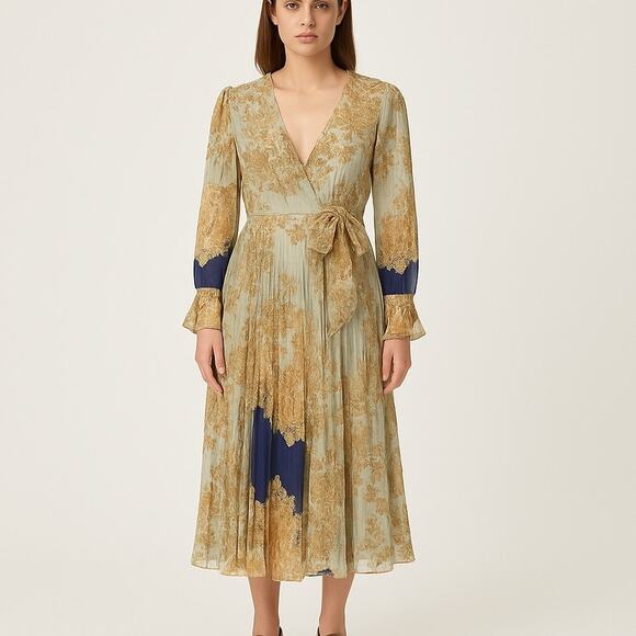 H&M Printed Pleated Chiffon V-Neck Wrap Dress Royal Wedding - Picture 1 of 11
